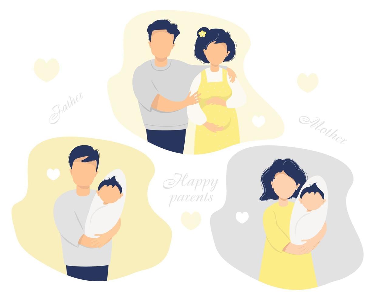 gelukkige familie platte vector set. man met een zwangere vrouw in gele kleren, gelukkige ouders - vader en moeder met een pasgeboren baby in hun armen. vector illustratie. geïsoleerd. vlakke afbeelding