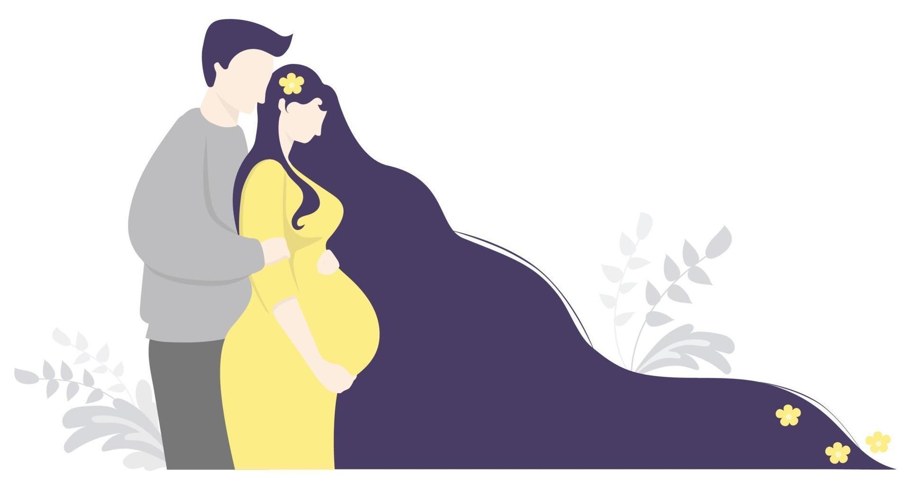 moederschap en gezin. gelukkige zwangere vrouw met bloemen in lang haar in een gele jurk knuffels buik. een man staat naast haar en omhelst haar zachtjes. vector illustratie. schattige decoratieve horizontale banner