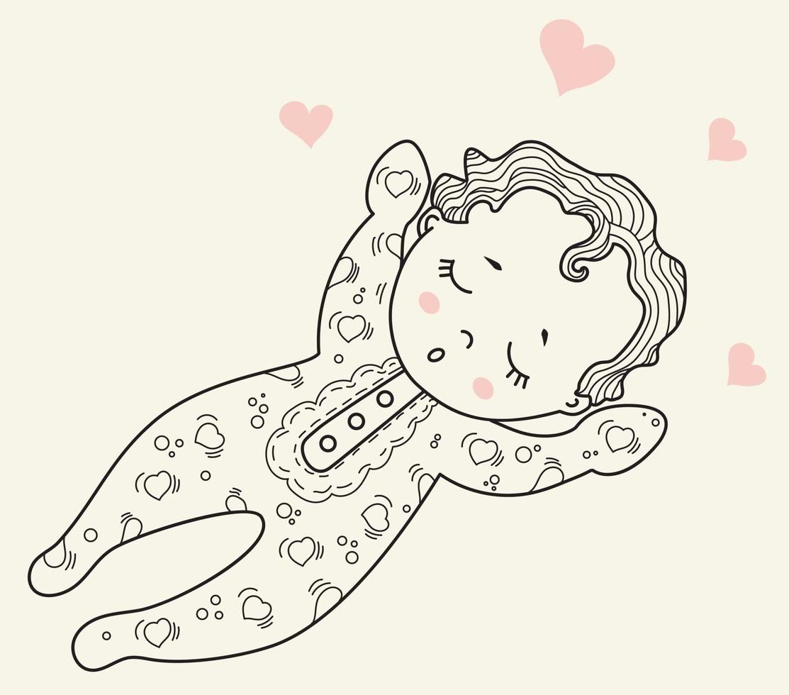 kindercollectie. schattige kleine baby in pyjama en romper slaapt lief op zijn rug. decoratieve illustratie. vector. schets. geïsoleerd op de achtergrond. kinderontwerp, kaarten, decoraties en decor vector