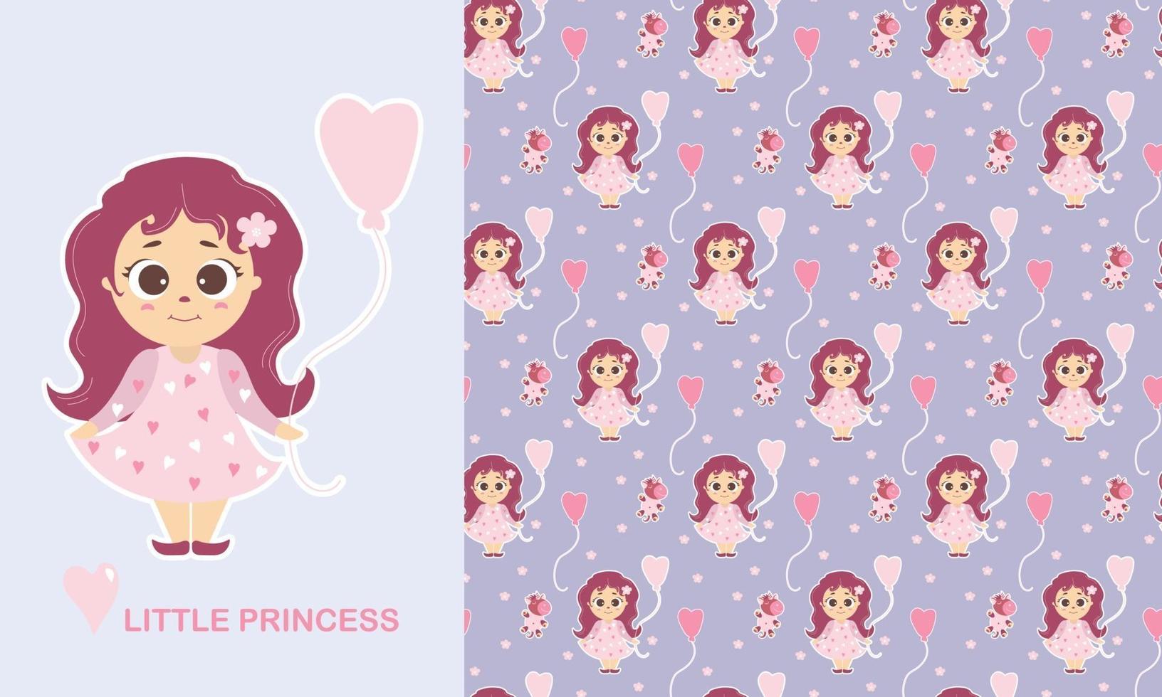 ansichtkaart met karakter - kleine prinses en naadloos patroon. schattig meisje met lang haar en een ballon, een eenhoornspeelgoed en bloemen op een blauwe achtergrond. vector. kindercollectie voor ontwerp, textiel vector