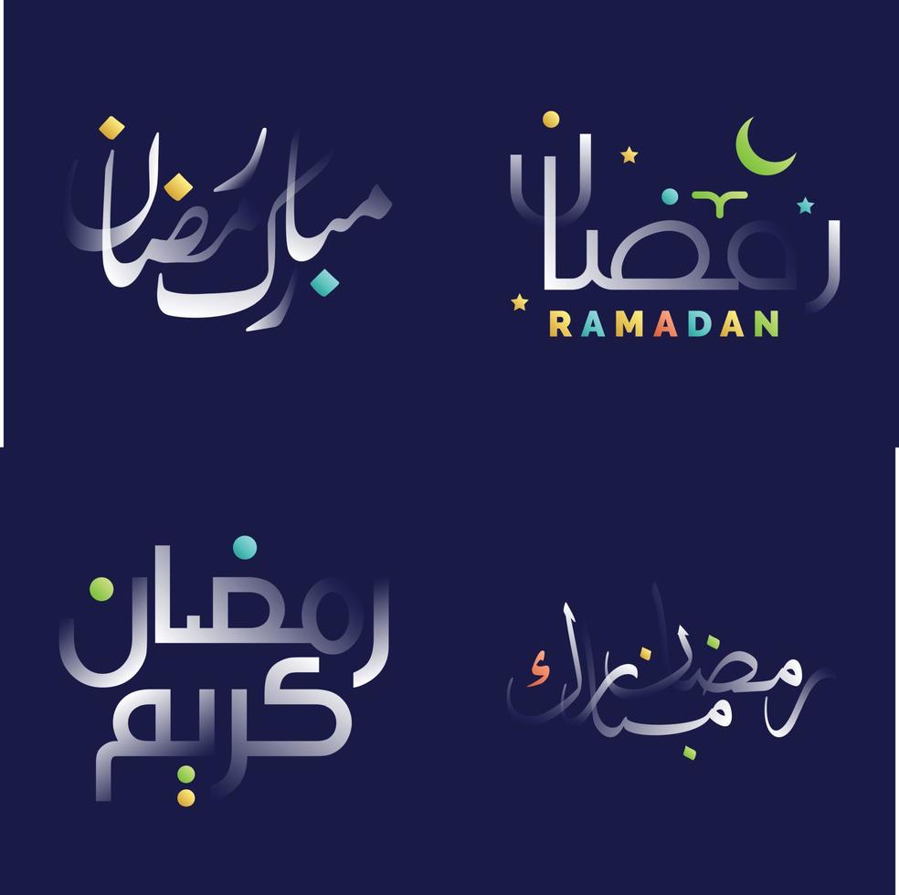 verbijsterend Ramadan kareem schoonschrift in wit glanzend effect met levendig kleuren voor Islamitisch feestelijk ontwerpen vector