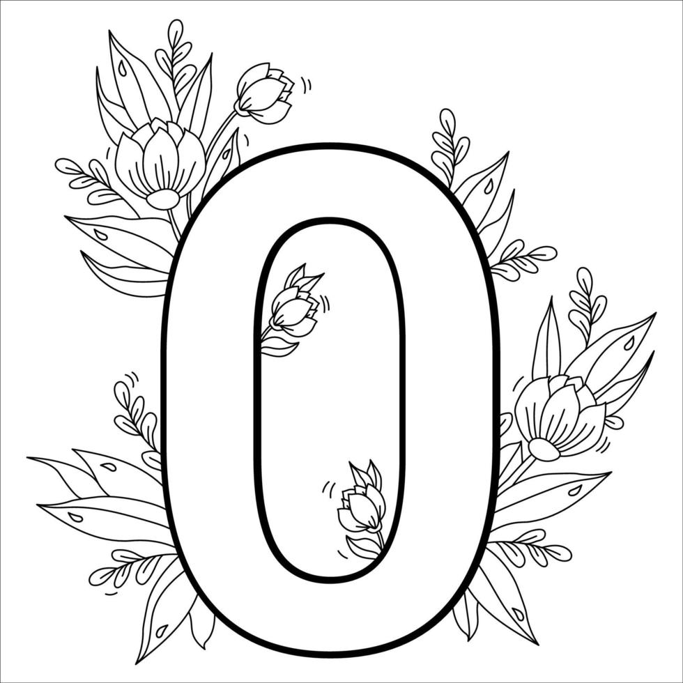 bloem nummer nul. decoratief patroon 0 met bloemen, tulpen, knoppen en bladeren. vectorillustratie geïsoleerd op een witte achtergrond. lijn, overzicht. voor wenskaarten, print, design en decoratie vector