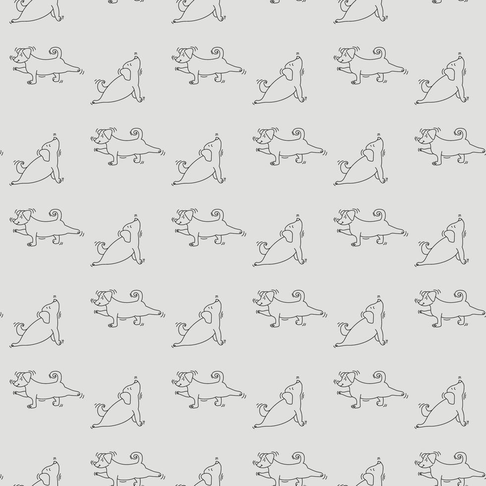 naadloze patroon. huisdieren yoga. hondenyoga - grappige puppy in asana, sportoefening, plank. vectoroverzicht op een lichtgrijze achtergrond vector