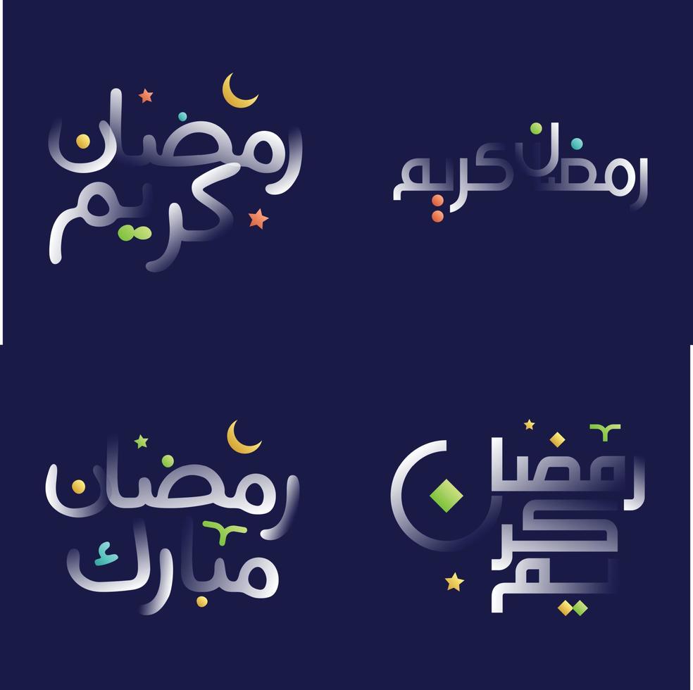 Ramadan kareem in wit glanzend schoonschrift met kleurrijk ontwerp elementen voor Islamitisch groet kaarten en banners vector