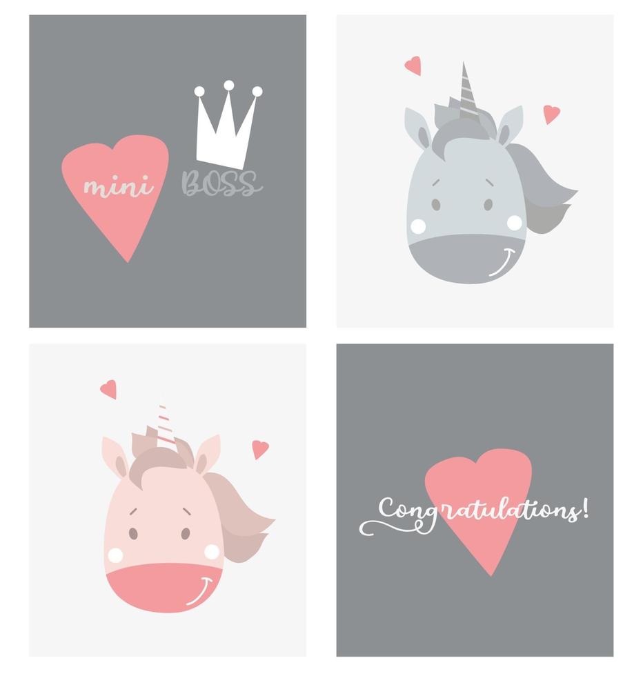 set schattige dierengezichten en creatieve kaarten. schattige eenhoorns - jongen en meisje met hartjes. hart en zinnen - gefeliciteerd. crown - mini baas. vector voor Scandinavisch design, decoratie, kinderdecor