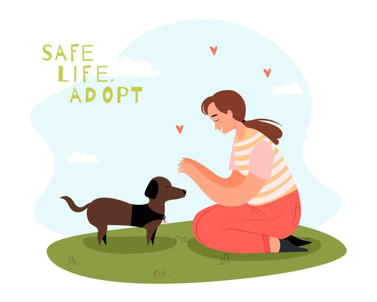 adopteren een huisdier concept met vrouw en hond. vector illustratie