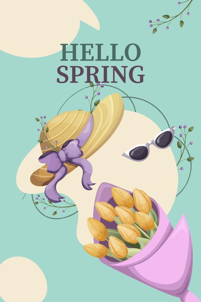 modieus voorjaar illustratie met bloemen, bladeren, tas, vector. tekenfilm, vlak stijl. voor afdrukken, web ontwerp, reclame vector