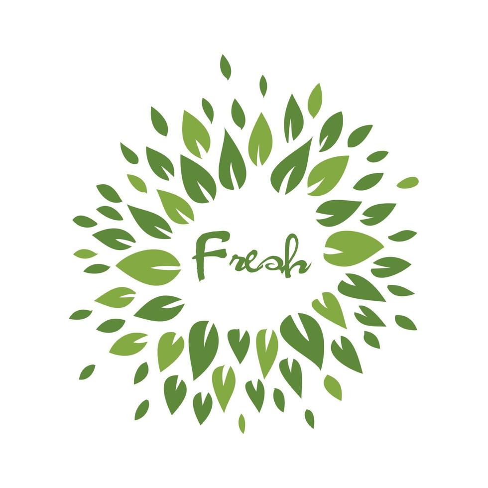 een etiket logo ontwerp voor biologisch vers voedsel in groen kleur met veel van bladeren vector