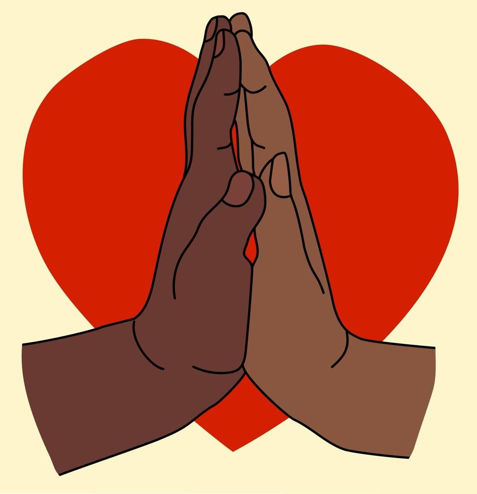 twee donkere handen op een achtergrond van een rood hart. een vrouwelijke palm is bevestigd aan de handpalm van de man. gebaren - tederheid en hartstocht. liefde en Valentijnsdag. vector illustratie