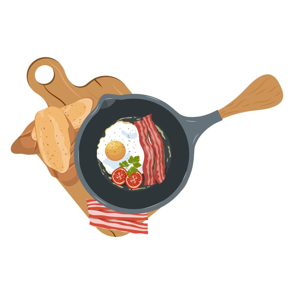 gebakken eieren met spek in een frituren pan vector Aan een wit achtergrond