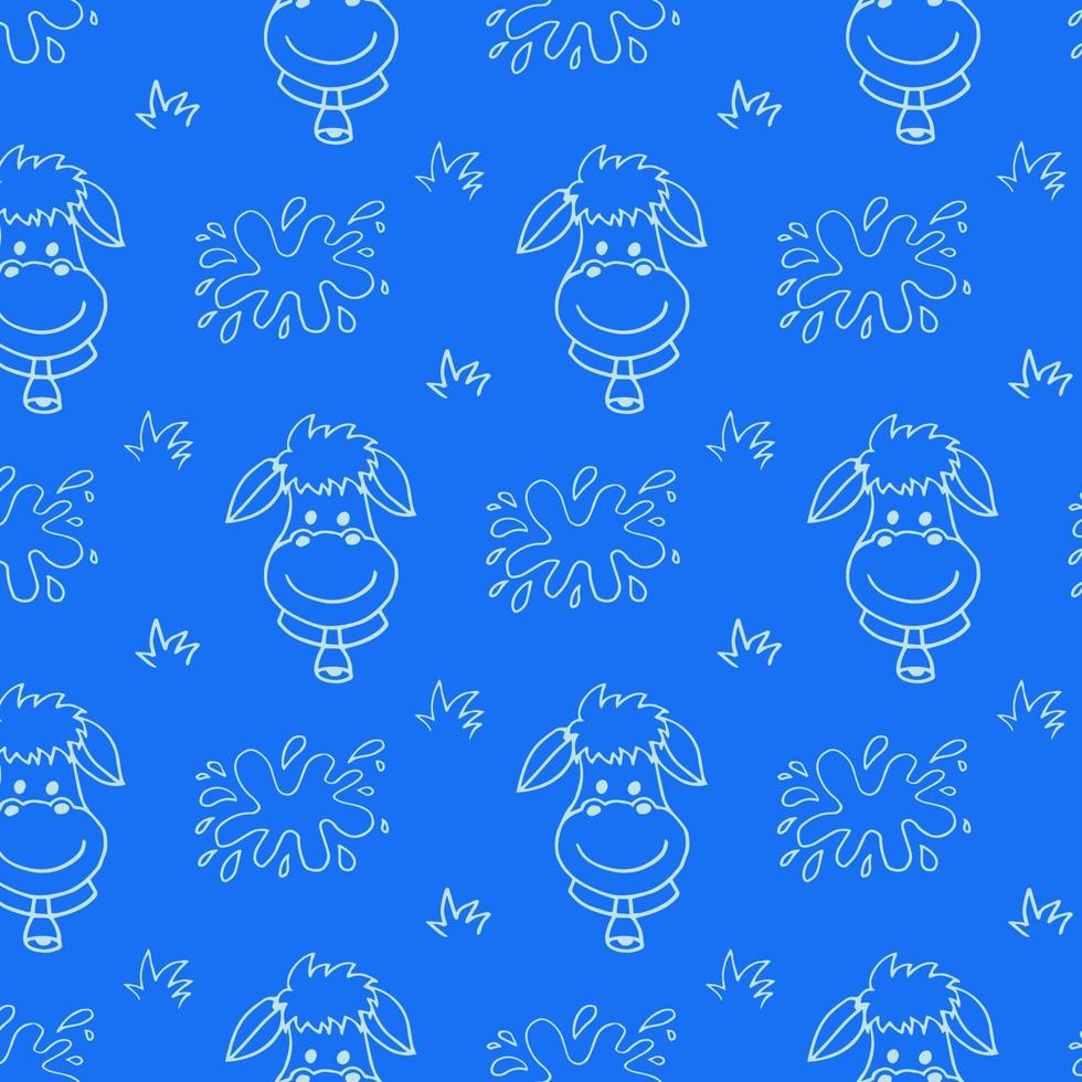 naadloos patroon met koeien en melk spatten geïsoleerd Aan blauw achtergrond, kinderachtig afdrukken vector