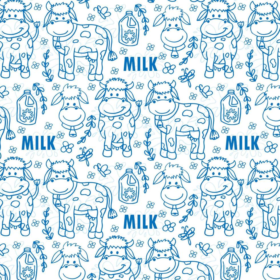 schattig naadloos patroon Aan blauw achtergrond versierd met weinig koeien melk doos en plons ontwerp voor wereld melk dag. vector