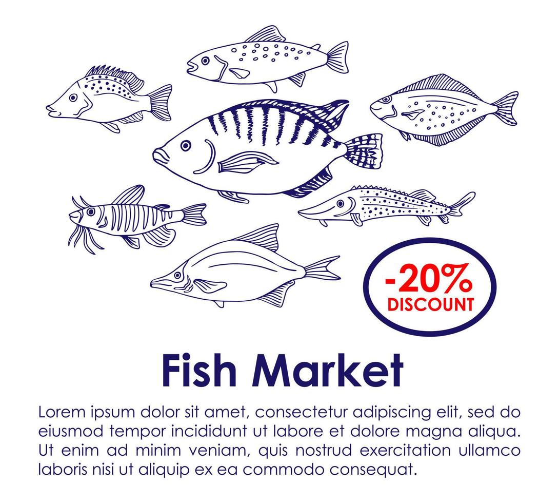 zeevruchten en zoetwater vis spandoek. vis schetsen vector illustratie. poster voor vis markt, visvangst en visserij industrie ontwerp