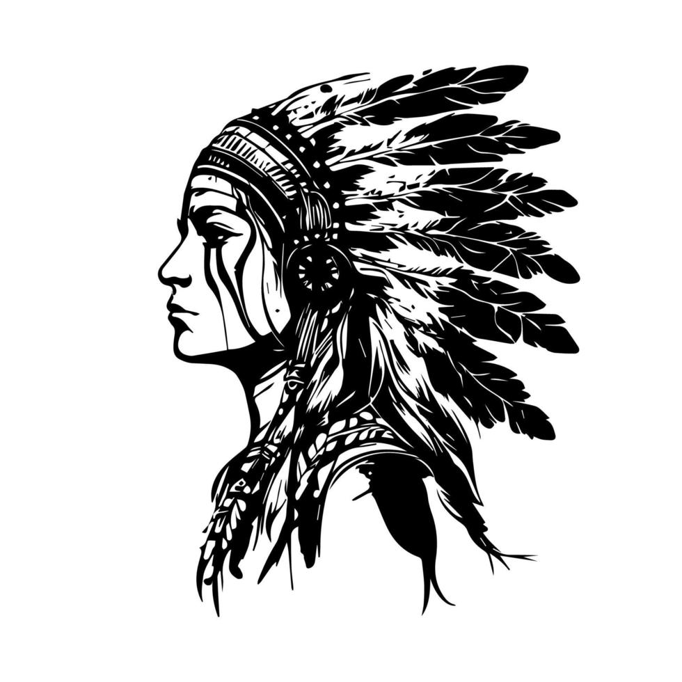 meisje hoofd met inheems Amerikaans Indisch chef accessoires logo hand- getrokken illustratie vector