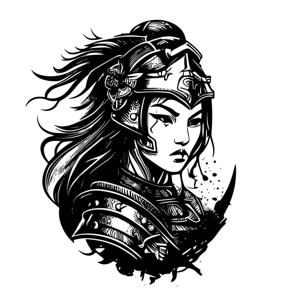 Japan samurai meisje logo zwart en wit hand- getrokken illustratie vector