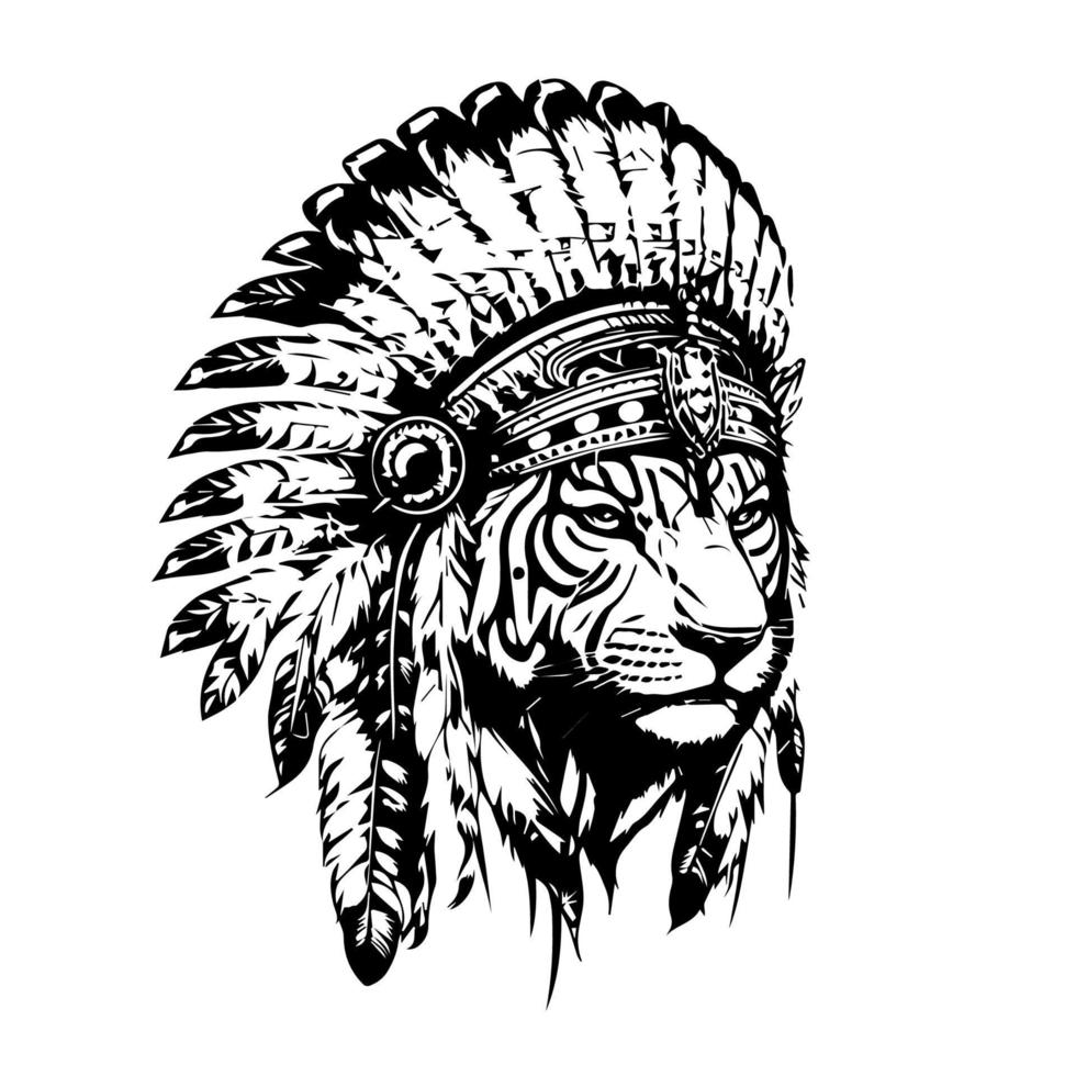 tijger hoofd met inheems Amerikaans Indisch chef accessoires logo hand- getrokken illustratie vector