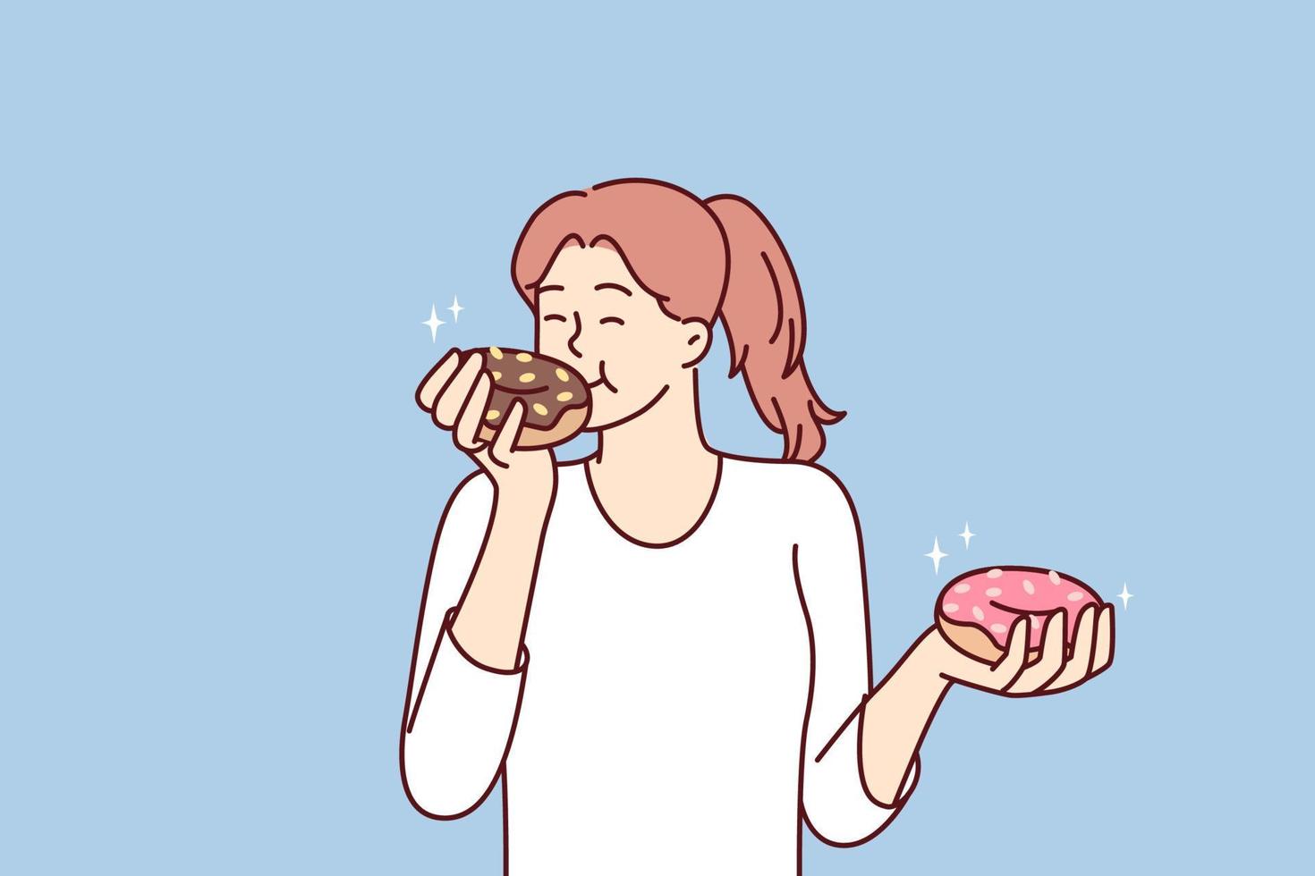 tevreden mooi meisje eet donuts kocht in op te slaan met vers gebakjes en zoet desserts. vrouw eet calorierijk broodjes gedekt met suiker suikerglazuur genieten van donuts van snel voedsel restaurants vector