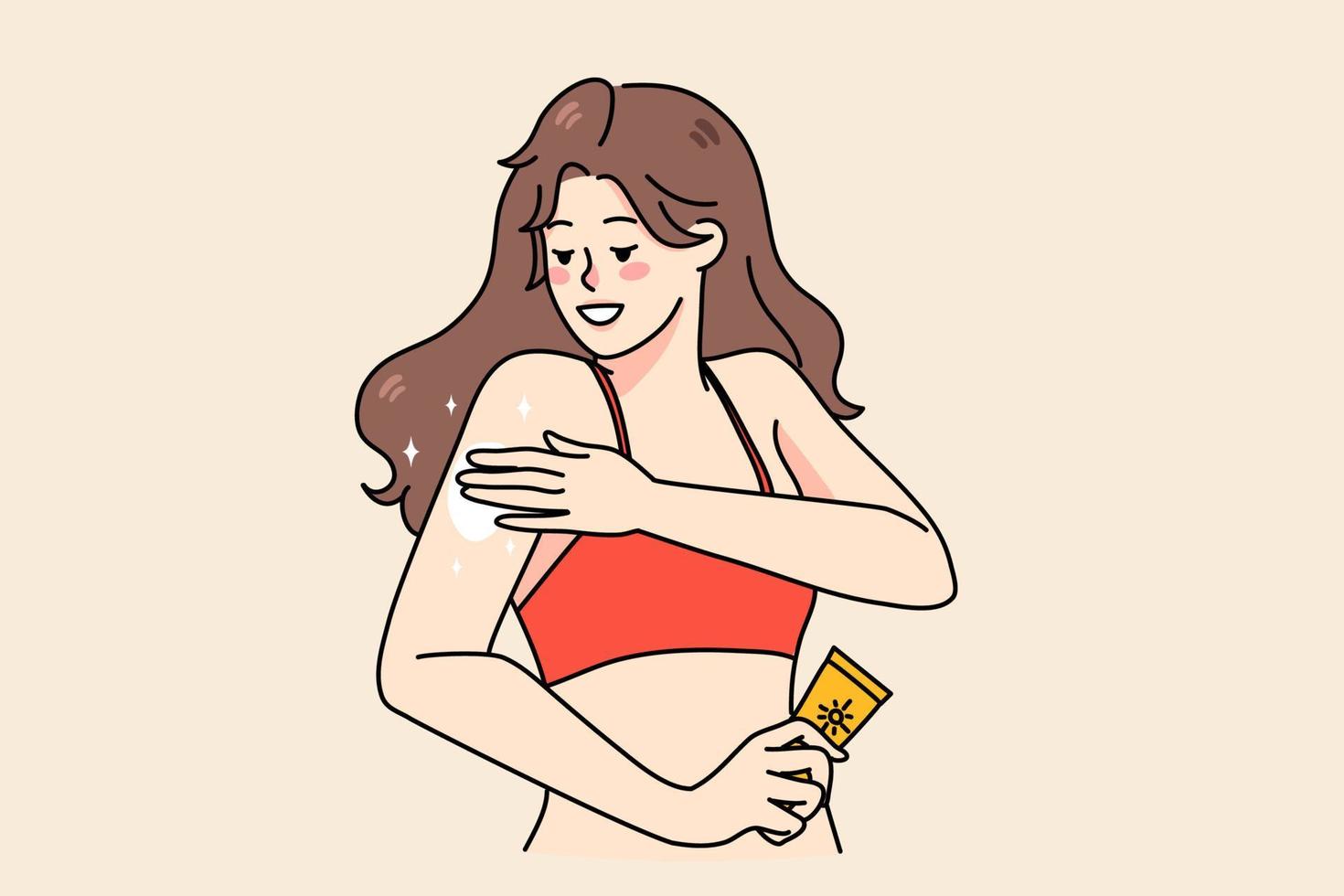 jong vrouw van toepassing zijn zonnescherm lotion Aan armen beschermen van zon Aan strand. meisje nemen zorg van lichaam huid gedurende zomer. huidsverzorging en schoonheidsspecialiste concept. vlak vector illustratie.