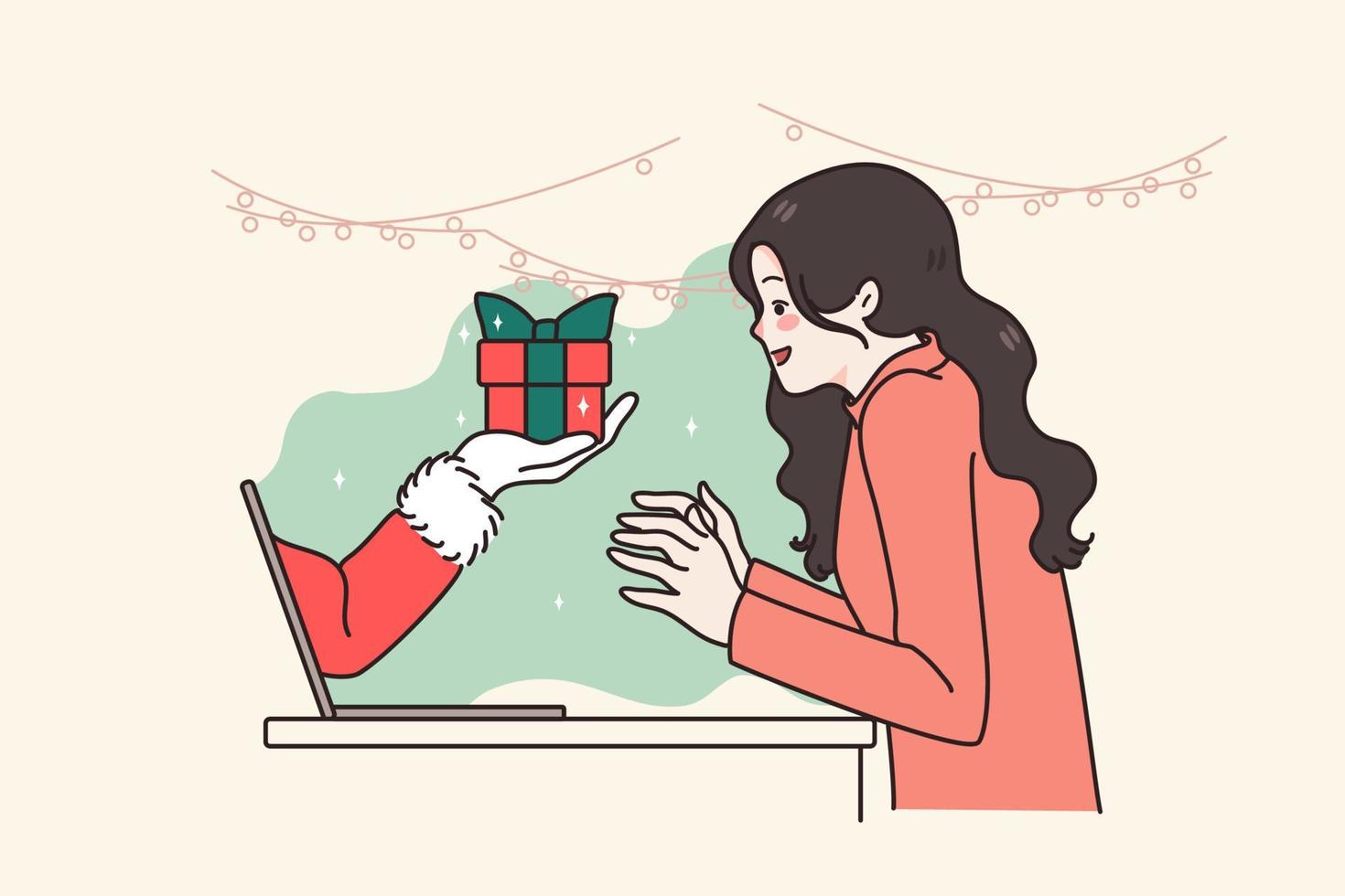 opgewonden jong vrouw triomf krijgen geschenk Aan online Kerstmis loterij Aan computer. dolblij meisje voelen euforisch met Cadeau of winnen Aan nieuw jaar uitverkoop transactie of Promotie Aan web. vector illustratie.