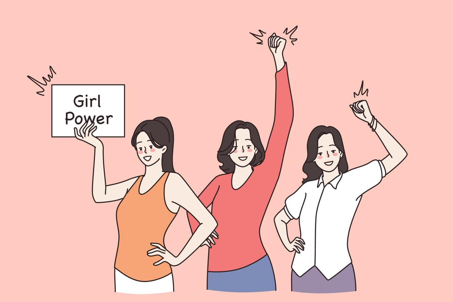 meisje macht en feminisme concept. groep van jong glimlachen meisjes vrienden staand golvend handen uitdrukken macht en sterkte vector illustratie met teken
