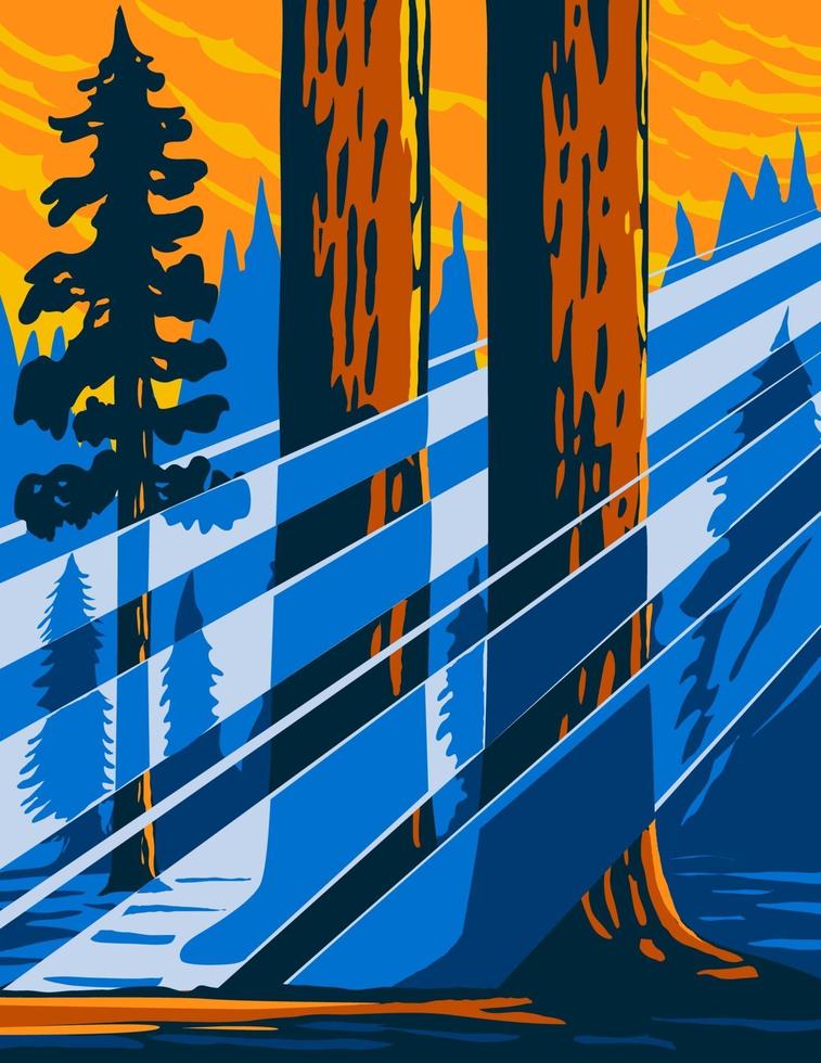 het gigantische sequoia nationale monument gelegen in de zuidelijke sierra nevada in oostelijk centraal californië vs wpa poster art vector