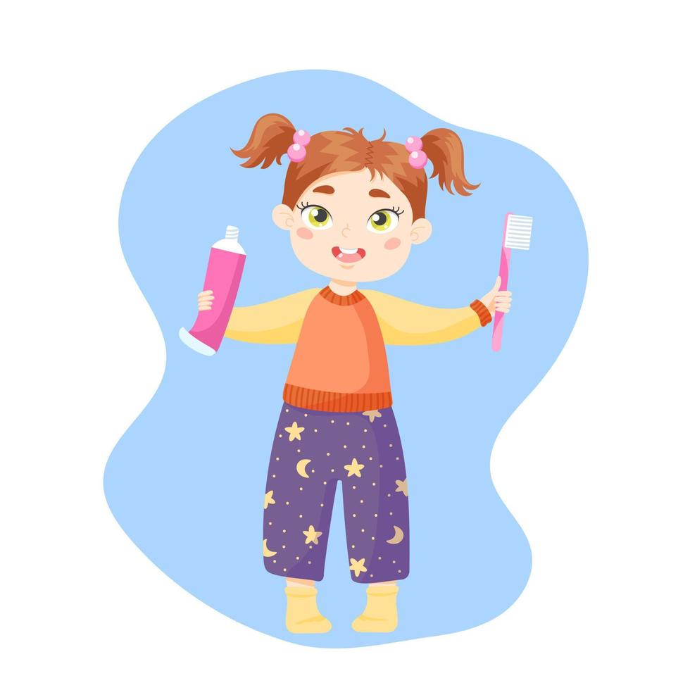 een weinig meisje met twee staarten in pyjama houdt een roze tandpasta en tandenborstel in haar handen vector