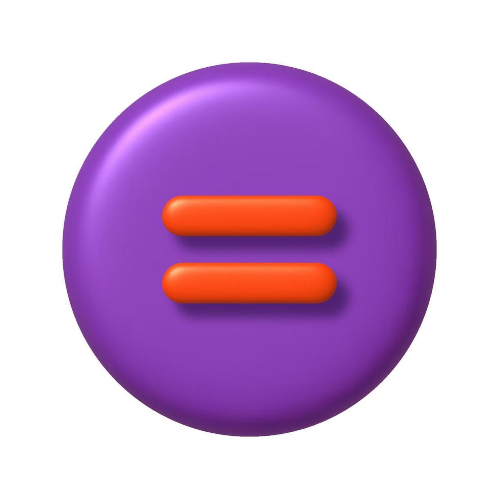 wiskunde 3d icoon. oranje rekenkundig gelijken teken Aan Purper ronde knop. 3d realistisch ontwerp element. vector