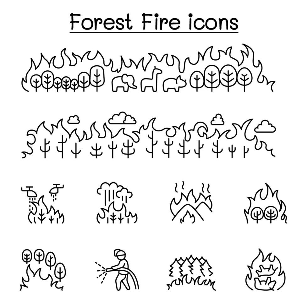 wildvuur, bosbrand pictogrammenset in dunne lijnstijl vector