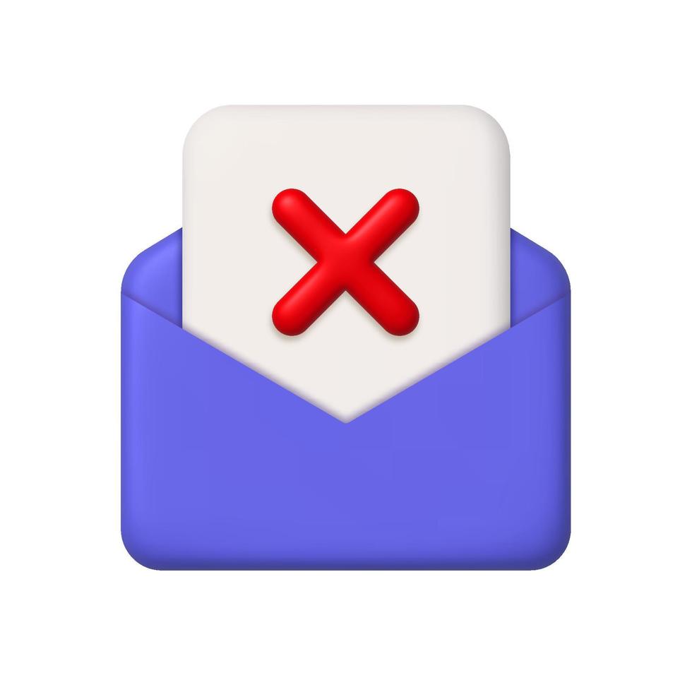 nieuw bericht 3d icoon. Purper Open mail envelop en vel van papier met kruis markering. 3d realistisch vector ontwerp element.