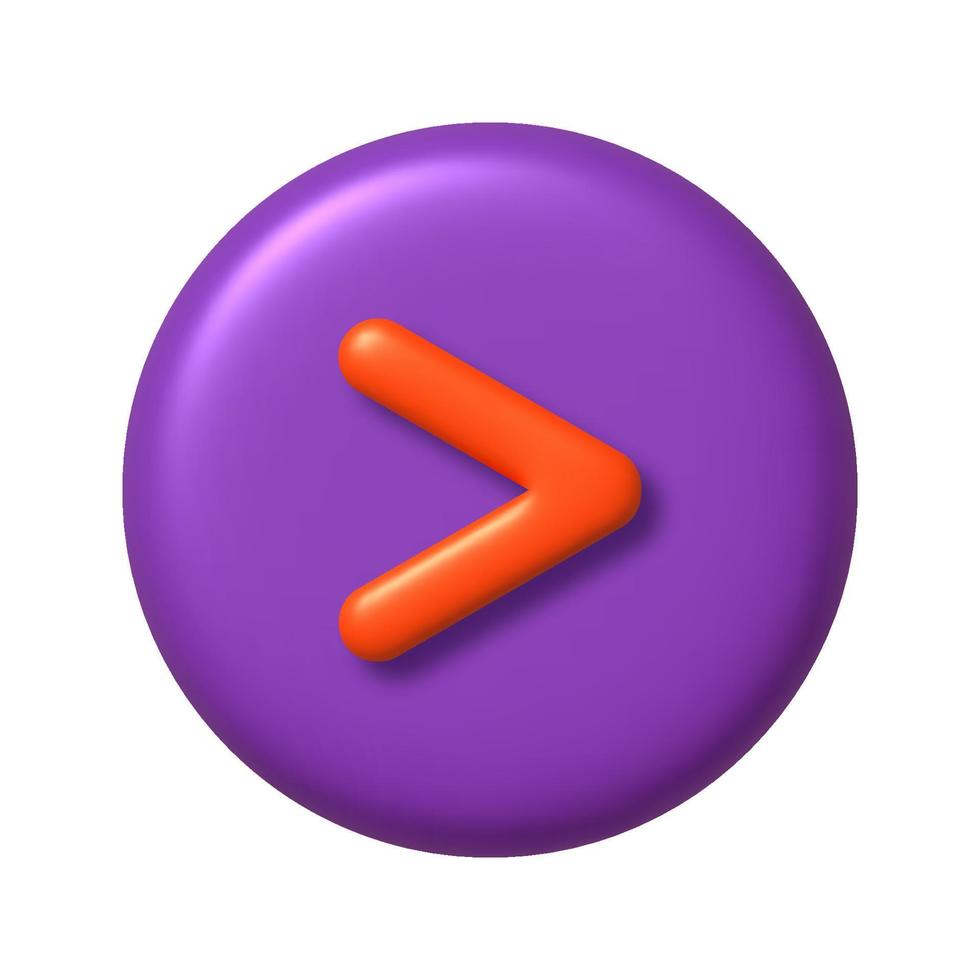 wiskunde 3d icoon. oranje rekenkundig groter dan teken Aan Purper ronde knop. 3d realistisch ontwerp element. vector