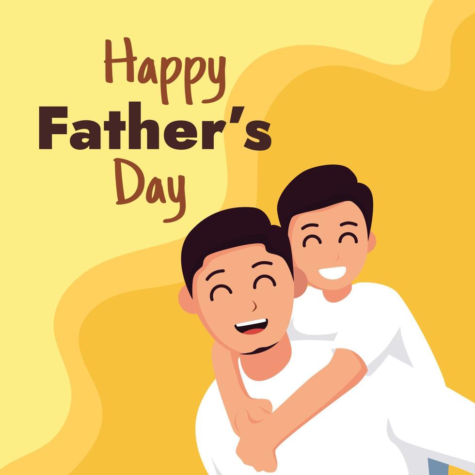 zoon Aan zijn vader schouders, vader en zoon duo met geel achtergrond vector illustratie. gelukkig vader dag viering concept. geschikt naar gebruik Aan vader dag evenement