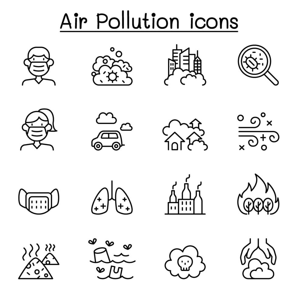 luchtvervuiling en virusziekte pictogrammenset in dunne lijnstijl vector