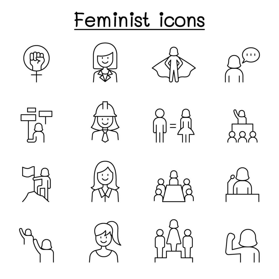 feministische pictogrammenset in dunne lijnstijl vector