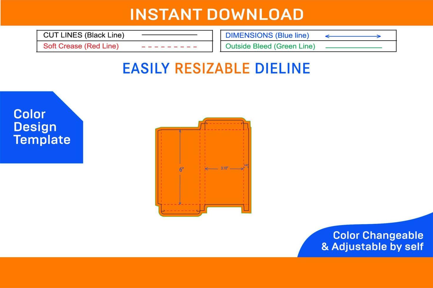 rte omgekeerde plooi einde 3.10x0.40x6 inch doos dieline sjabloon kleur ontwerp sjabloon vector