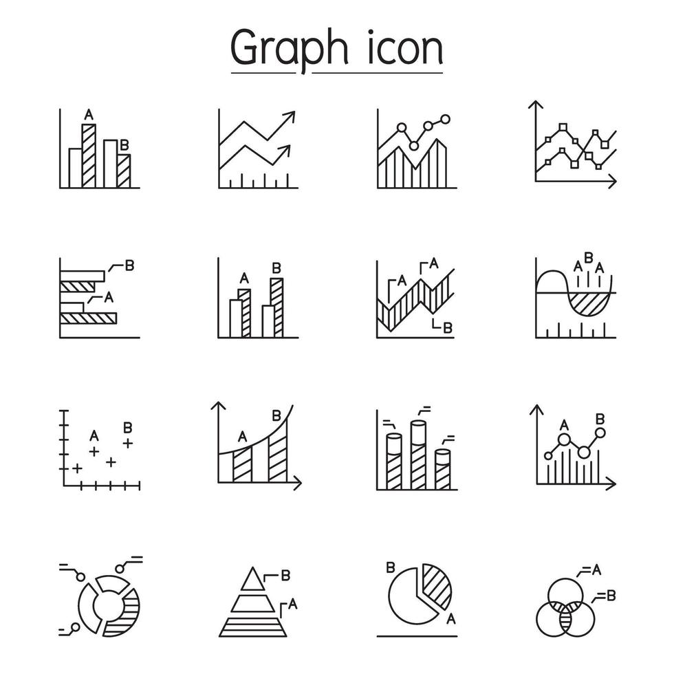 grafiek, grafiek, diagram, gegevens, infographic pictogrammenset in dunne lijnstijl vector