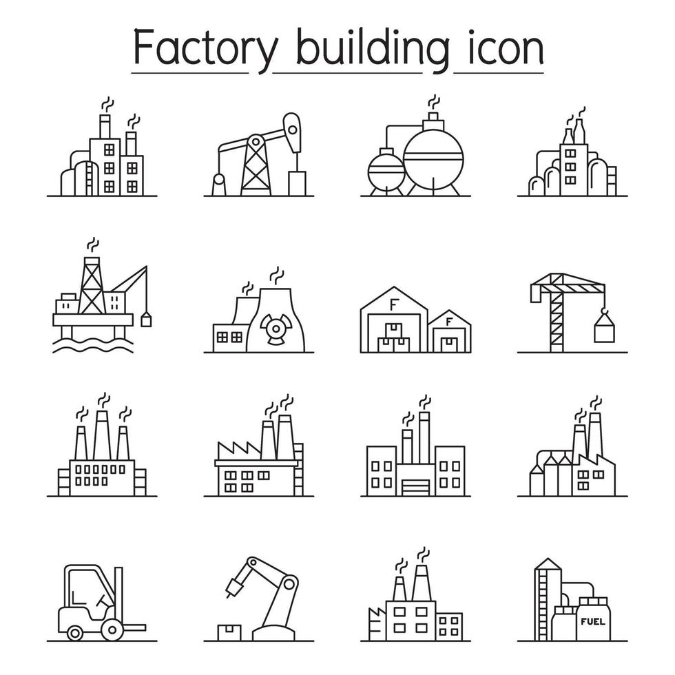 fabrieksgebouw pictogrammenset in dunne lijnstijl vector