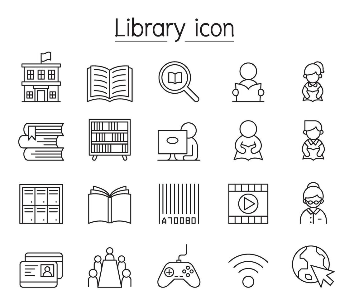 bibliotheek pictogrammenset in dunne lijnstijl vector