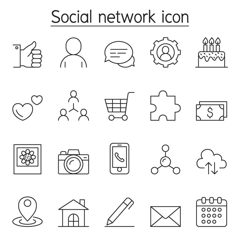 sociaal netwerkpictogram ingesteld in dunne lijnstijl vector