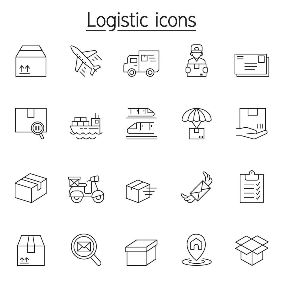 logistiek en levering pictogrammenset in dunne lijnstijl vector