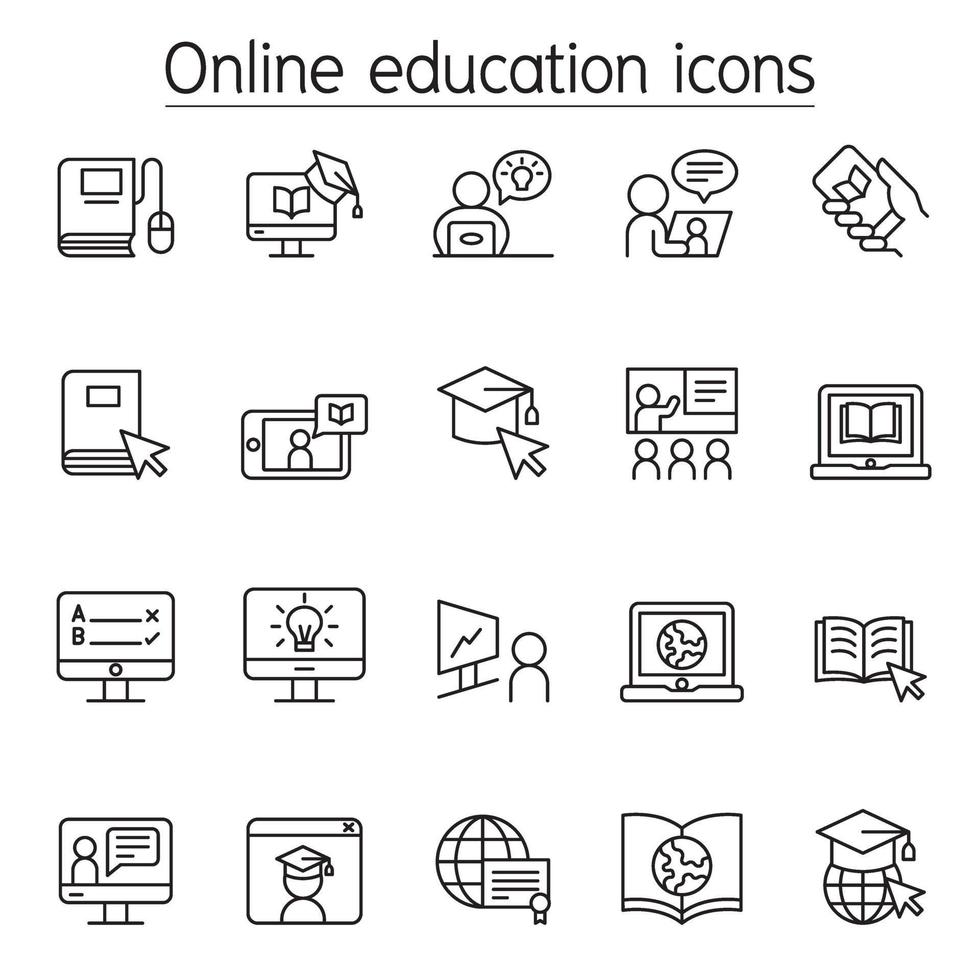 online onderwijs pictogrammen instellen in dunne lijnstijl vector