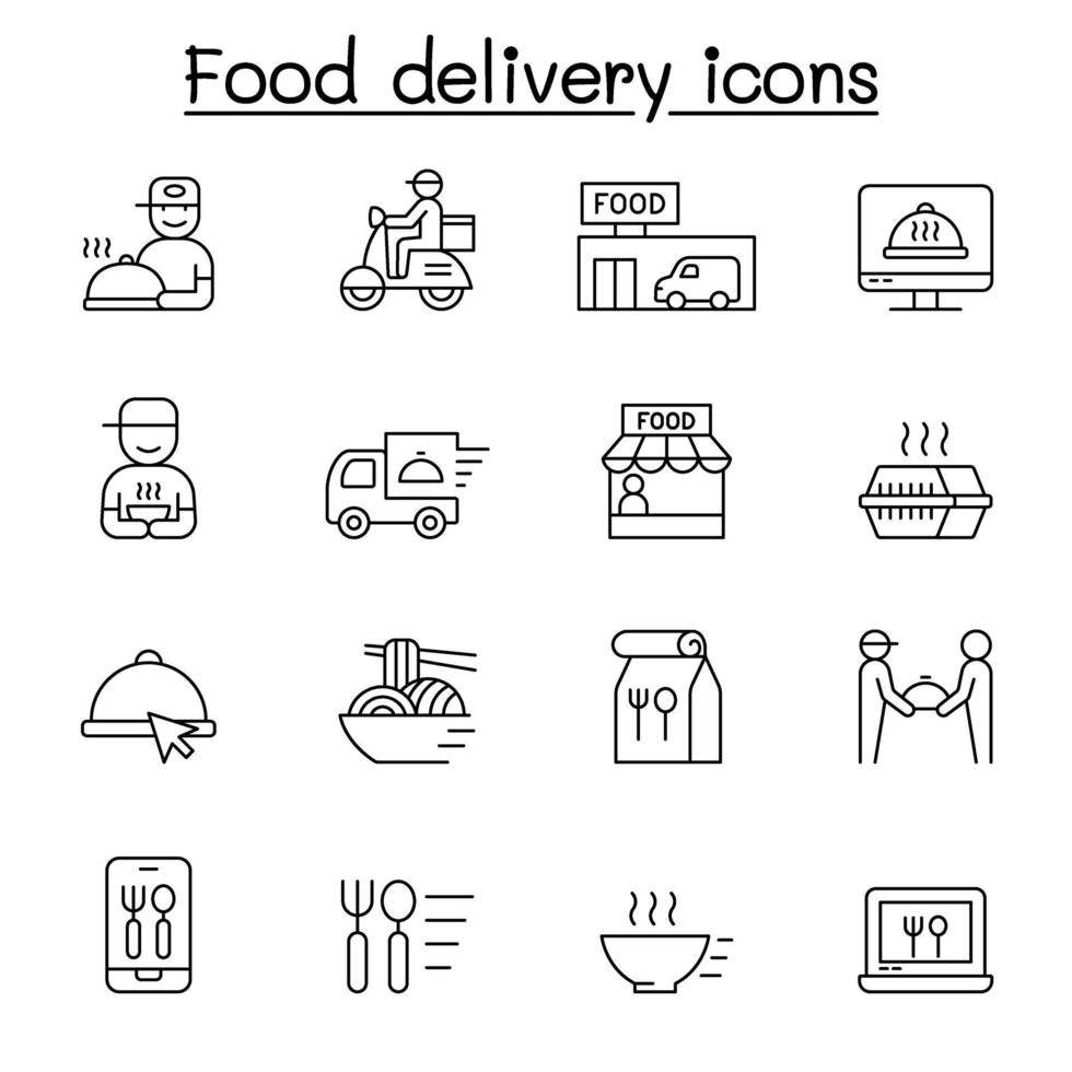 voedsel levering pictogrammen instellen in dunne lijnstijl vector