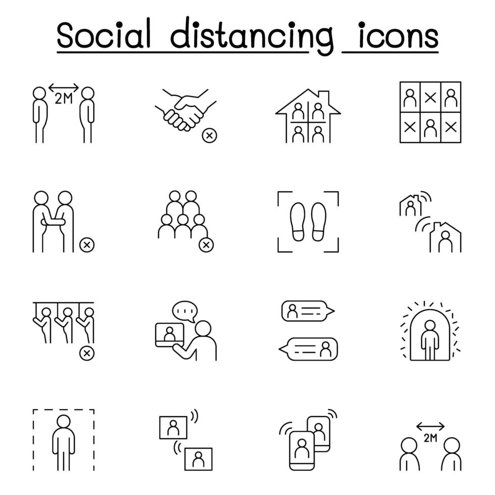 sociale afstand nemen pictogrammenset in dunne lijn stijl vector