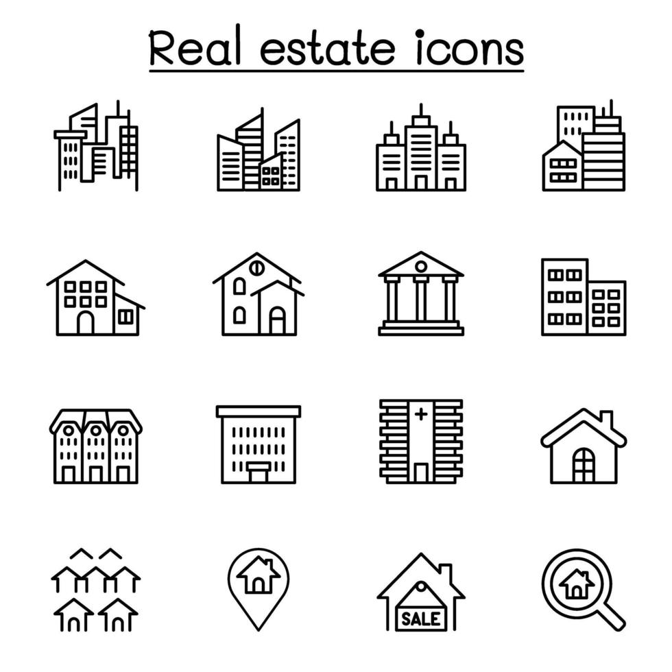 onroerend goed, gebouw pictogrammenset in dunne lijnstijl vector
