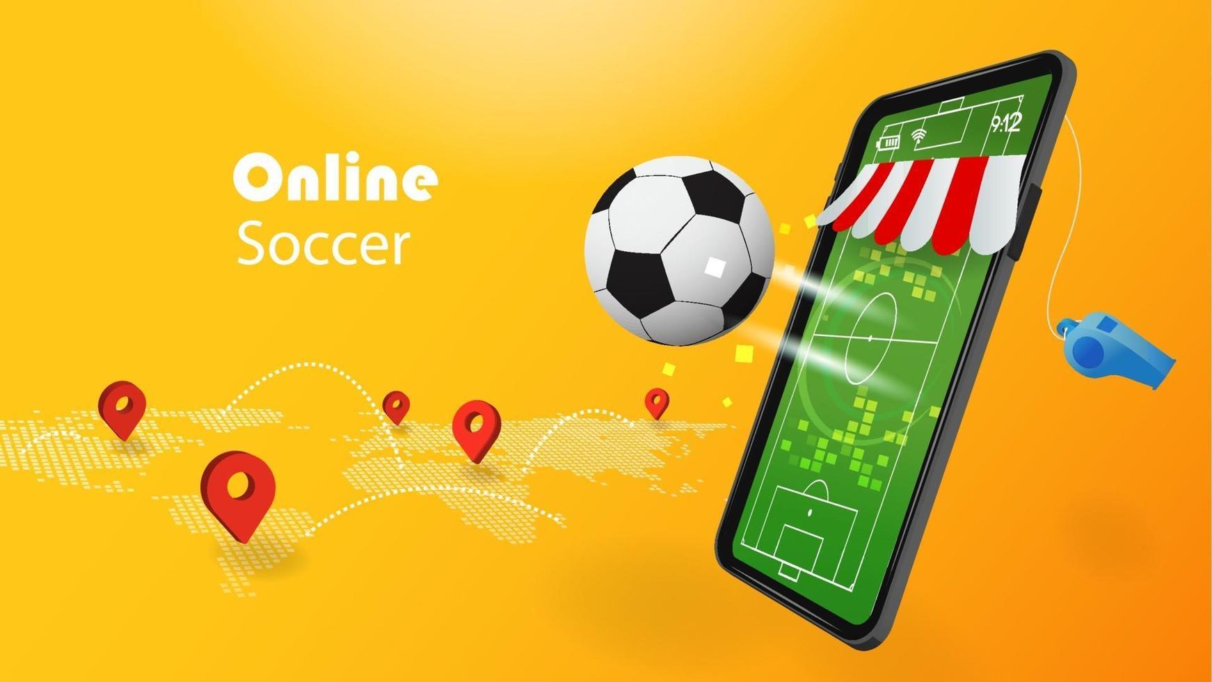 online voetbalconcept met 3d mobiele telefoon en voetbal op gele achtergrond vector