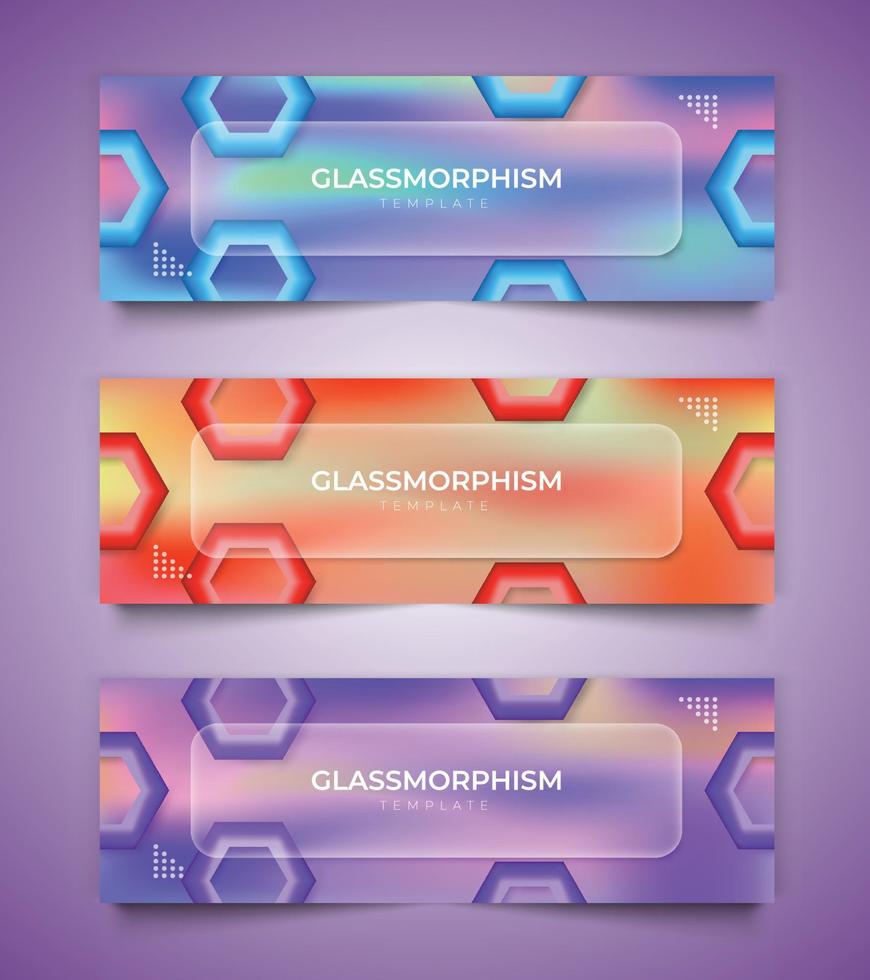 glas morfisme banier, kleurrijk vloeistof helling achtergrond vector sjabloon banier, 3d poster reeks met verschillend kleur concept.