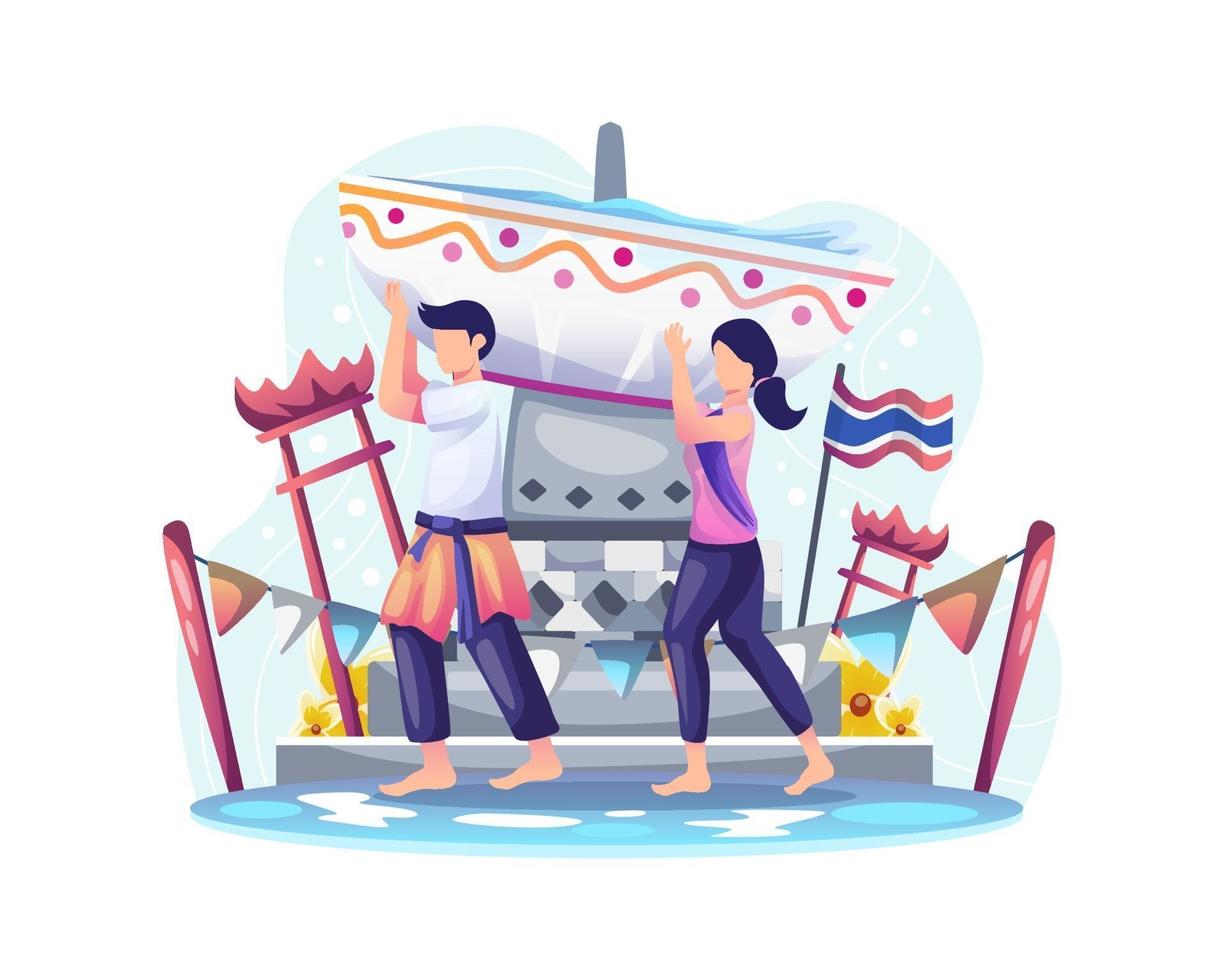 een paar draagt een kom gevuld met water om het Songkran-festival te vieren. Thailand traditionele nieuwjaarsdag vector