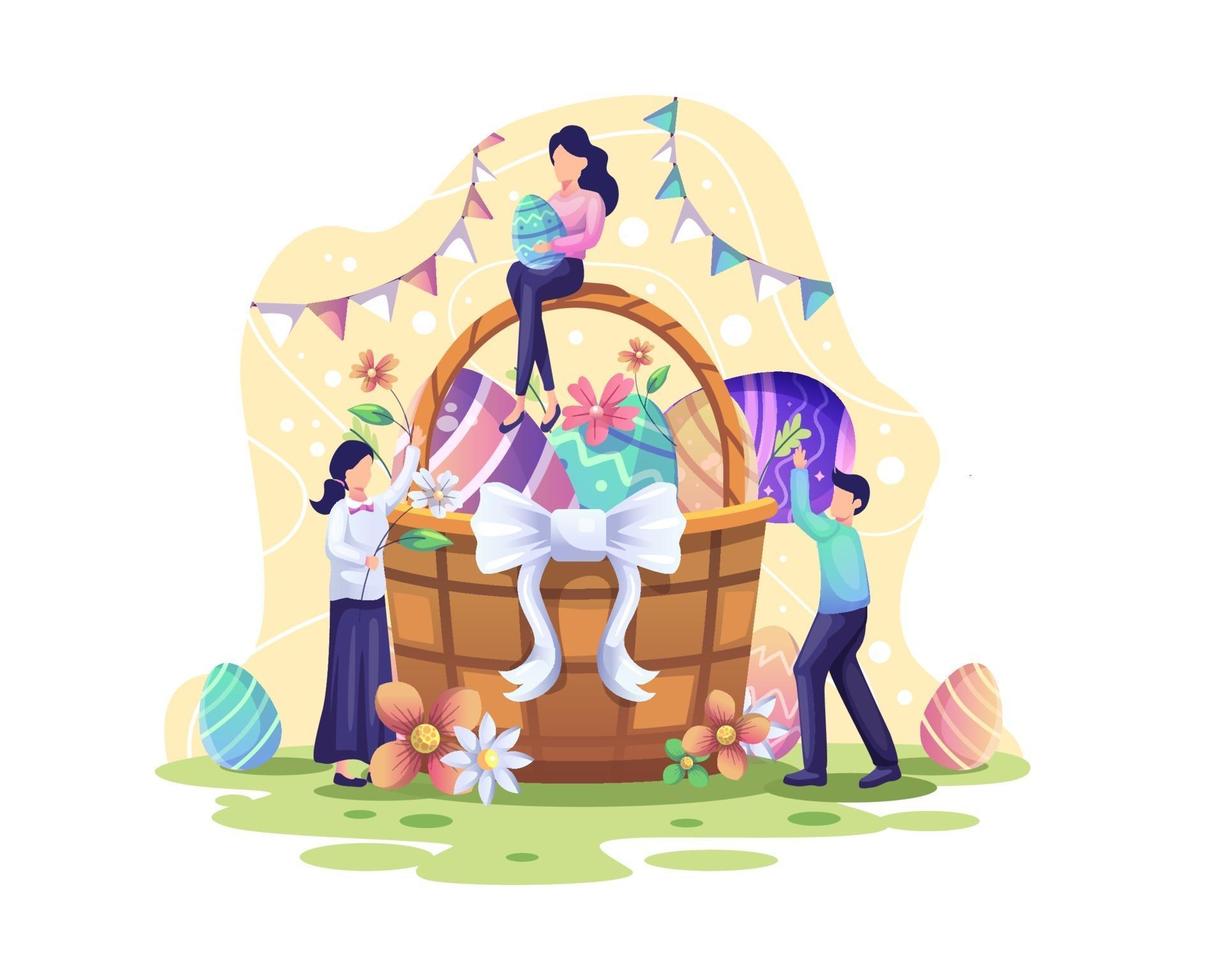 gelukkige paasdagviering met mensen legde eieren en bloemen in de mand voor paasdag vector