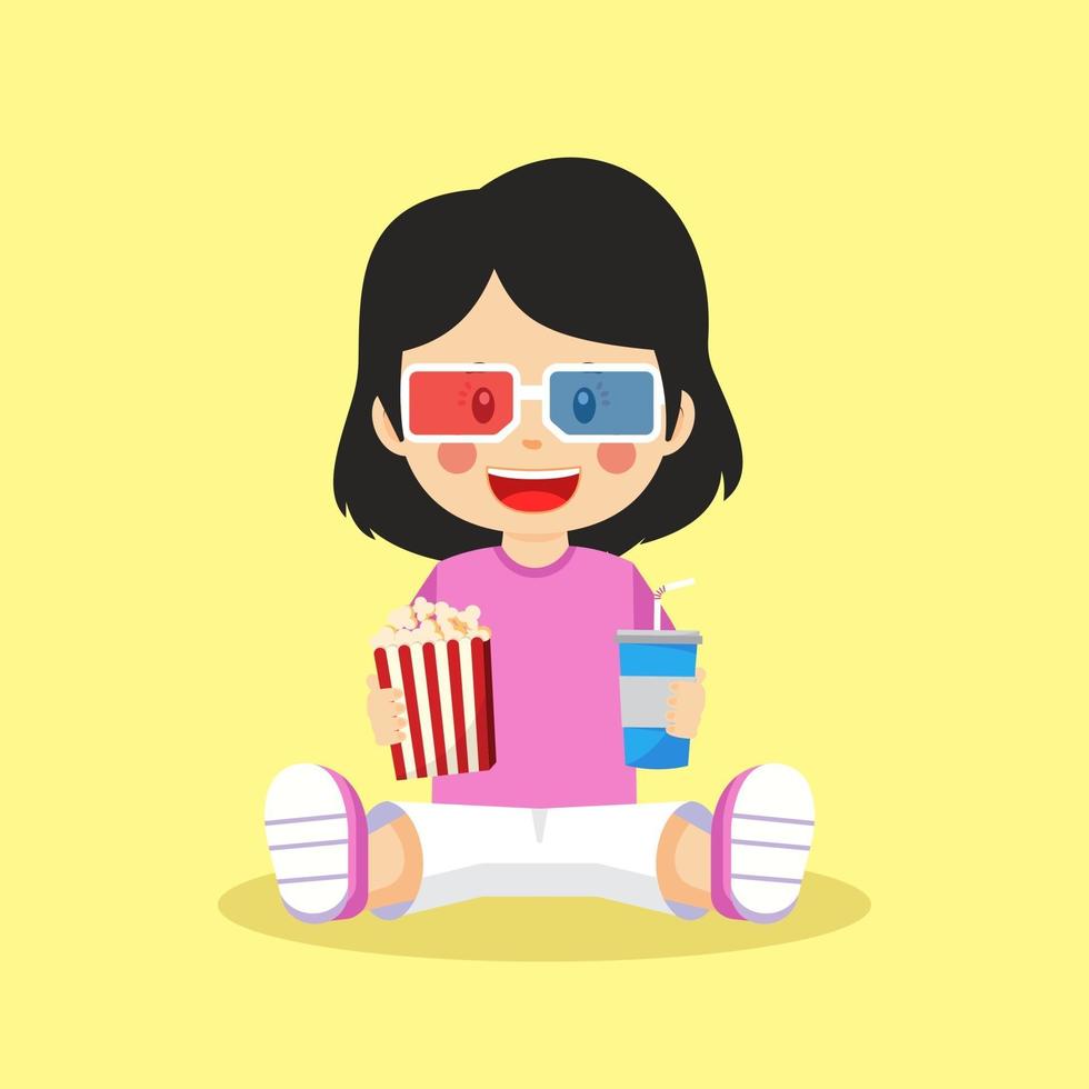 schattig meisje houdt van popcorn en drankje vector
