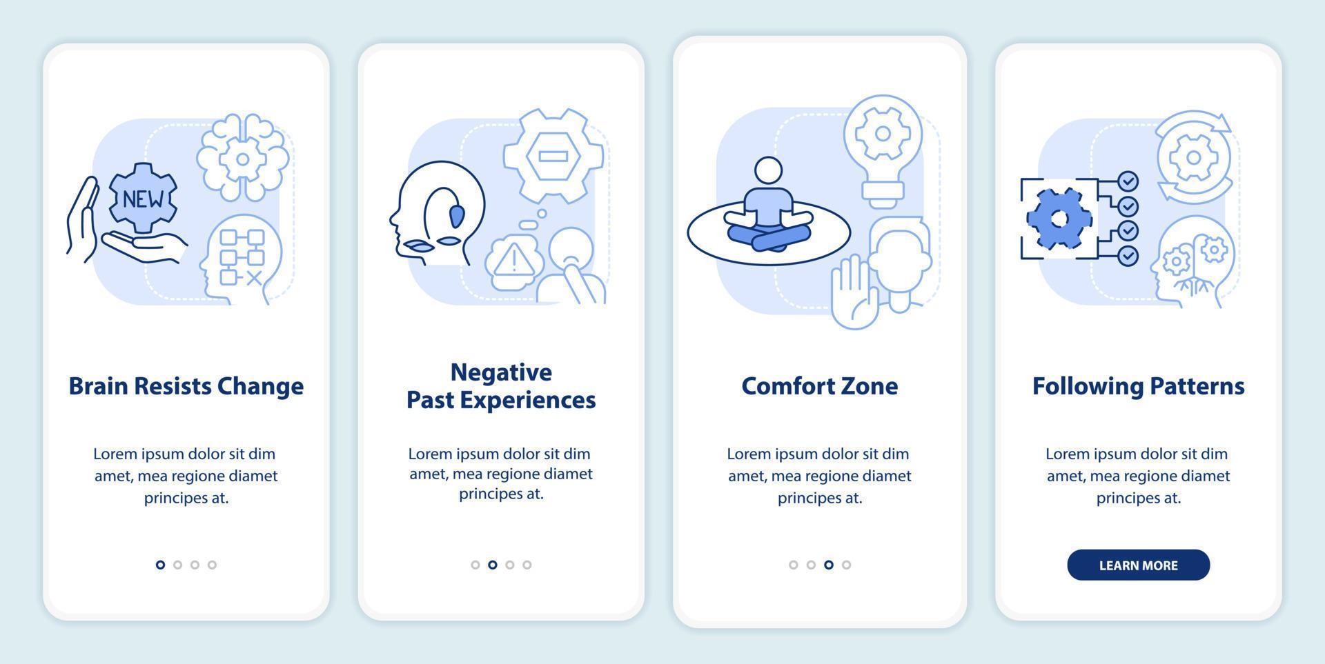 waarom wij weerstand bieden verandering licht blauw onboarding mobiel app scherm. walkthrough 4 stappen bewerkbare grafisch instructies met lineair concepten. ui, ux, gui sjabloon vector