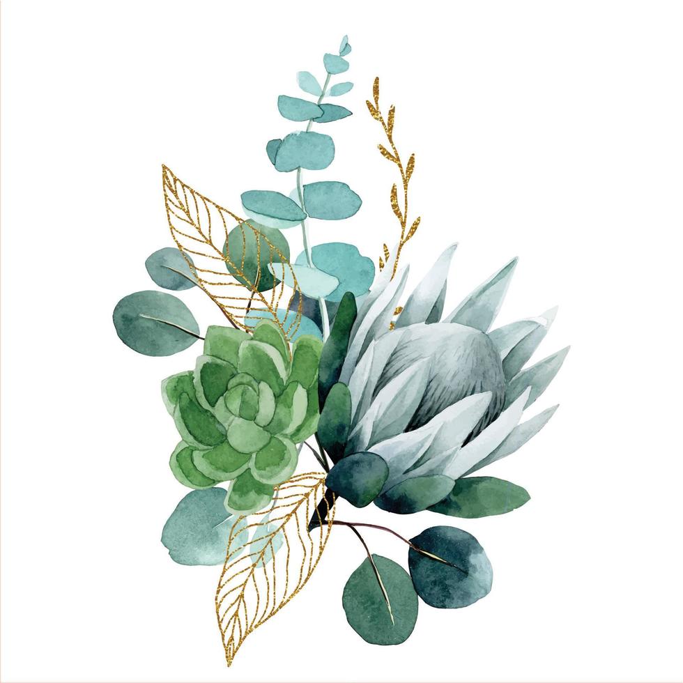 waterverf tekening. boeket, samenstelling van tropisch protea bloemen en eucalyptus bladeren met gouden elementen. vector